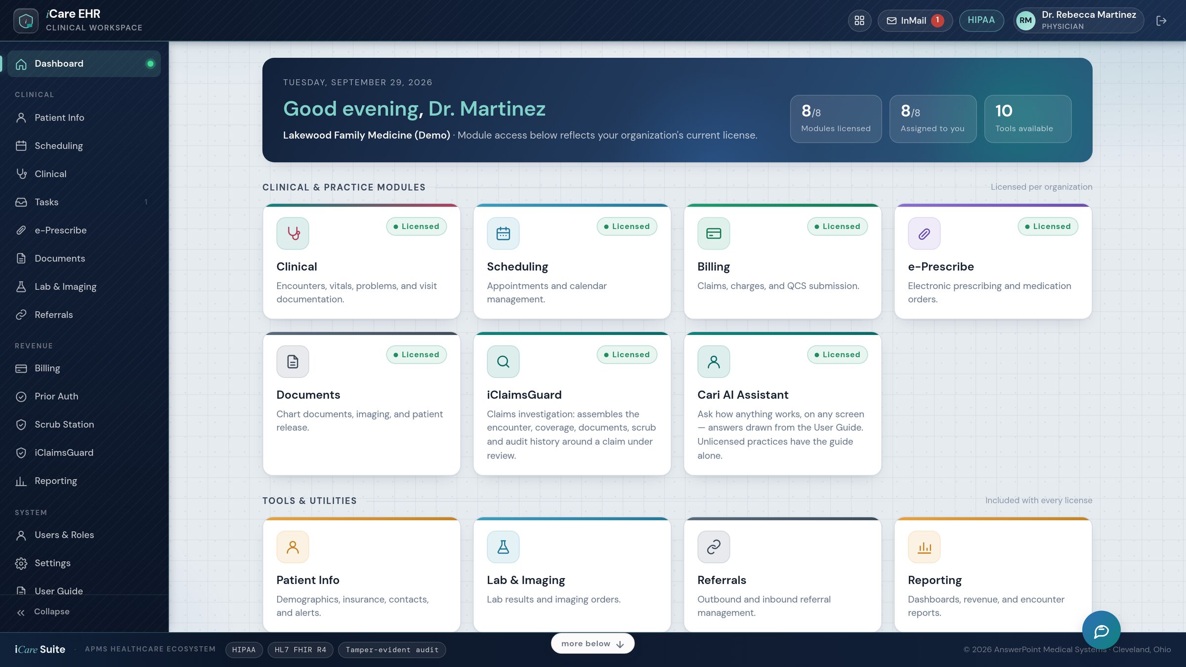 The iCare dashboard for a demonstration practice, showing the licensed clinical, scheduling, billing and prescribing modules.