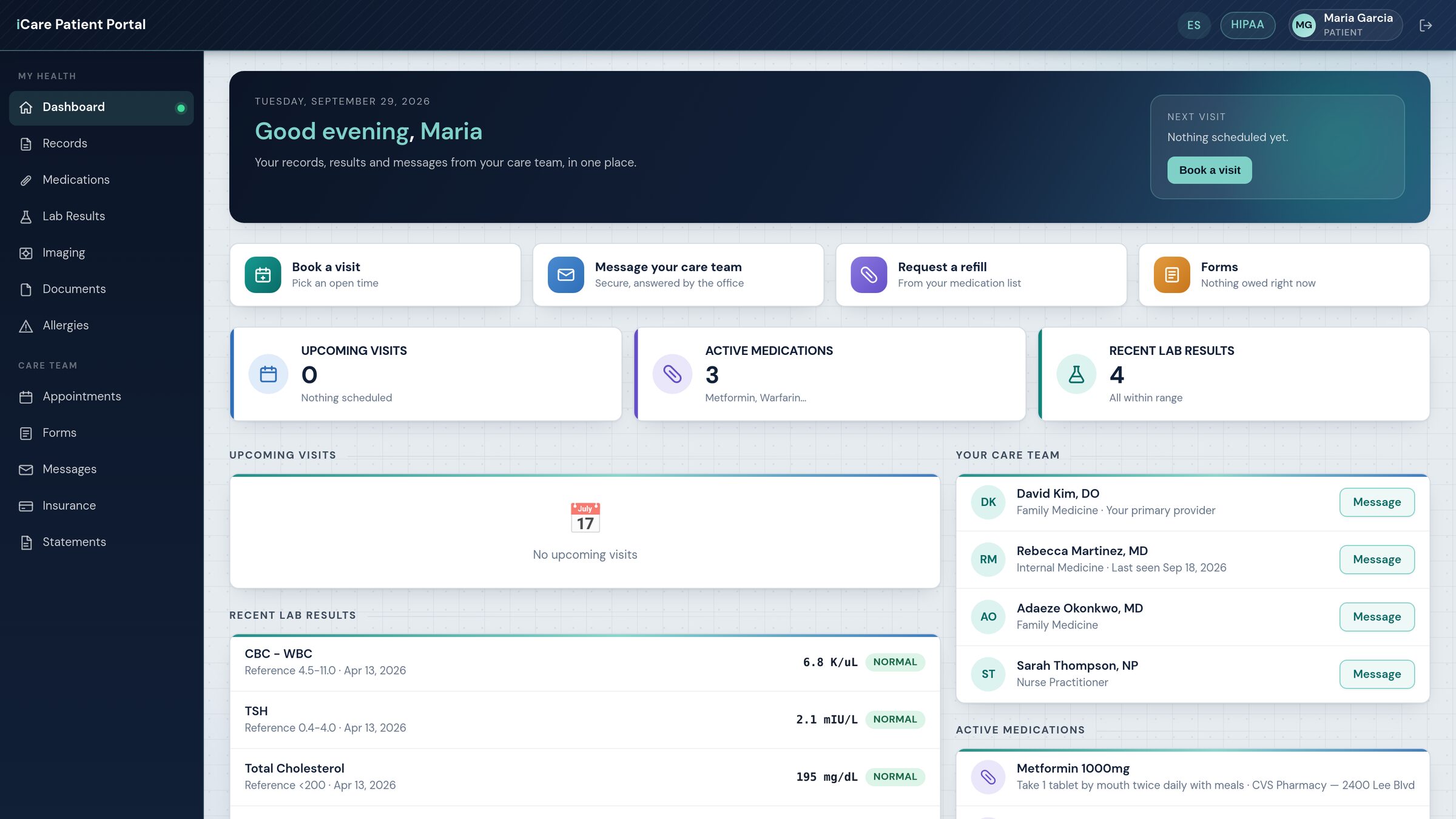The patient portal dashboard with upcoming appointments, active medications and recent lab results.