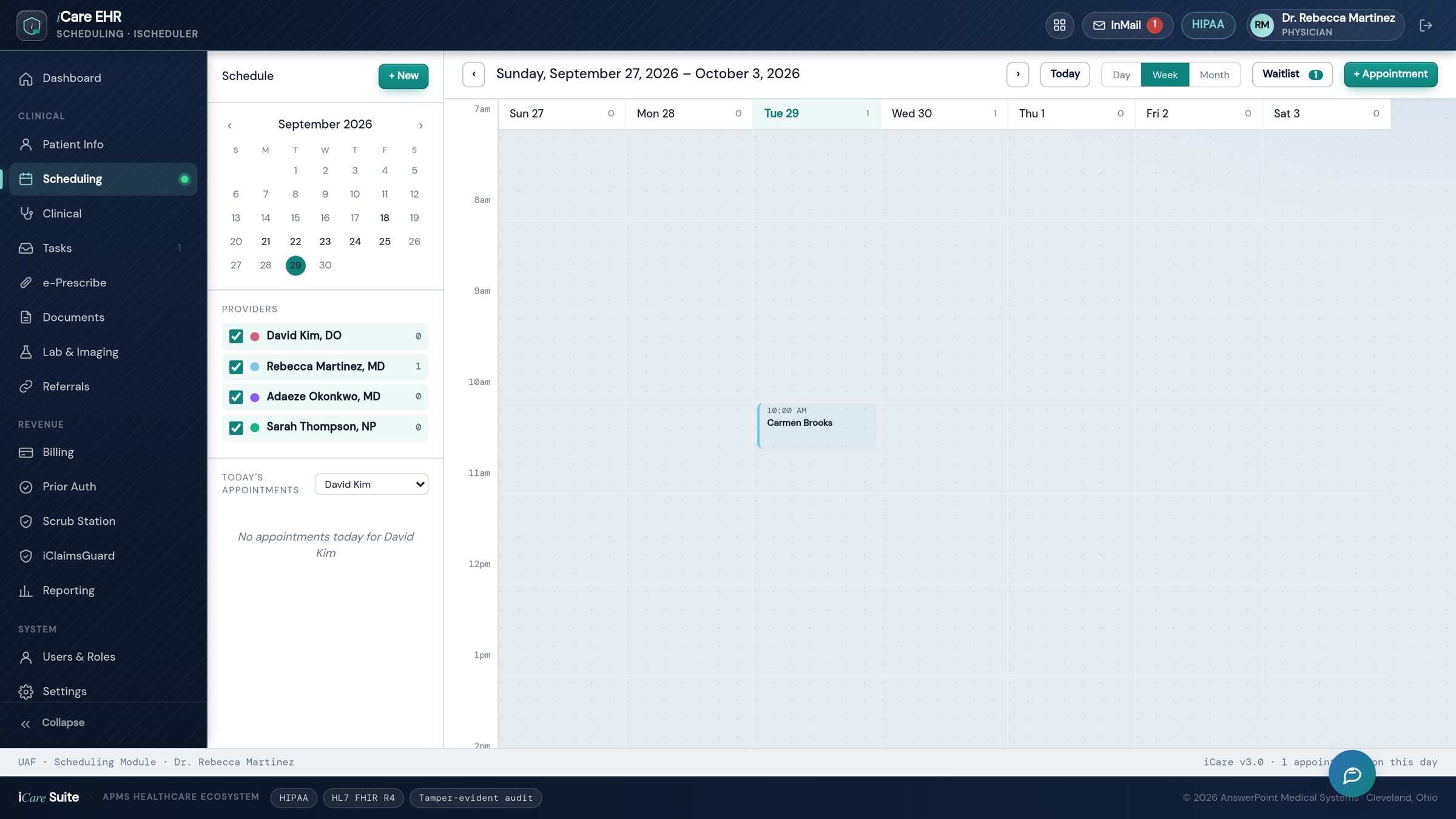 The iScheduler week view with color-coded appointments for four providers.